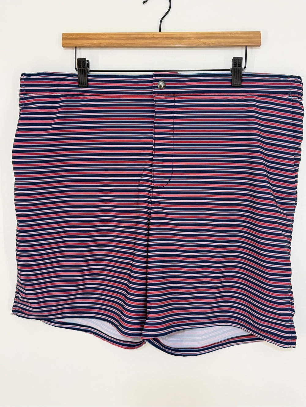 Lands' End Men's 7" Sunset Swim Trunks Red & Navy Stripe Size XL